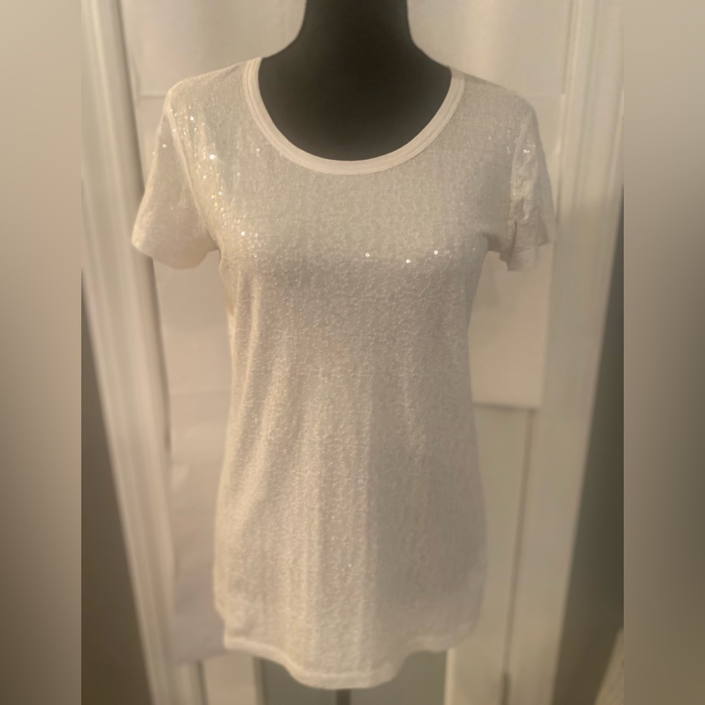 DKNY Donna Karan white short sleeve sequin t shrt top MEDIUM
